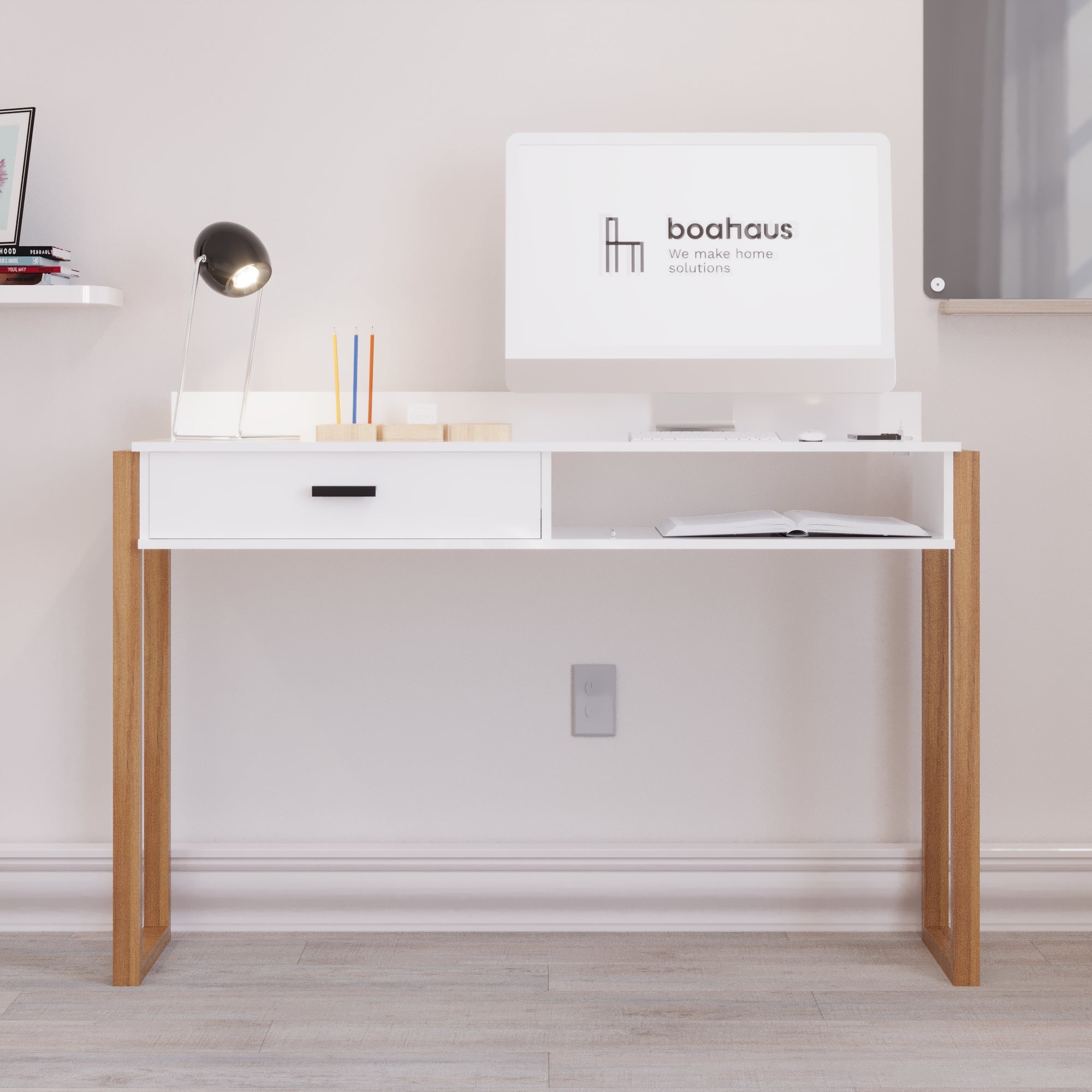 Boahaus Kettlewell Modern Computer Desk | Space-Saving Design with USB Ports