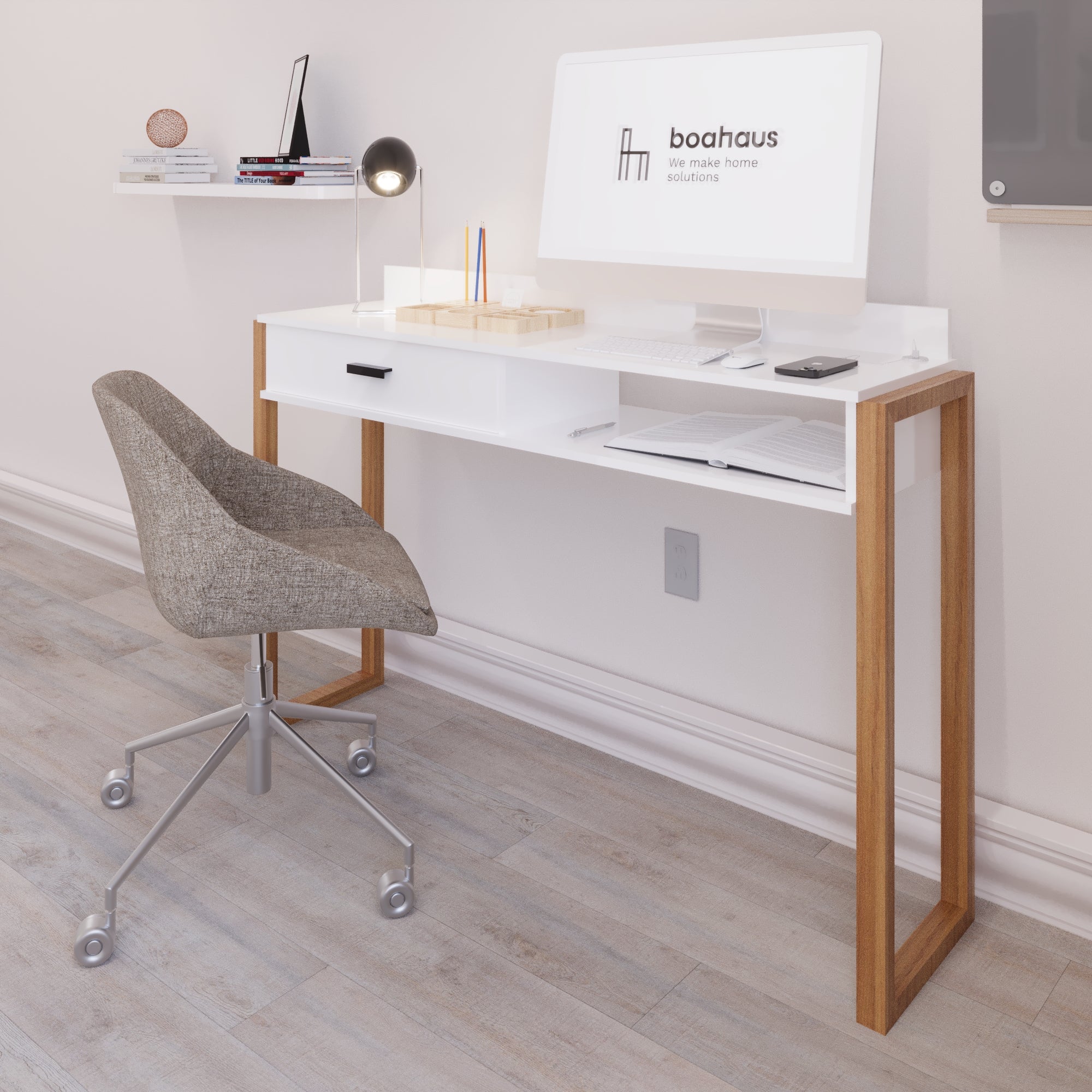 Boahaus Kettlewell Modern Computer Desk | Space-Saving Design with USB Ports