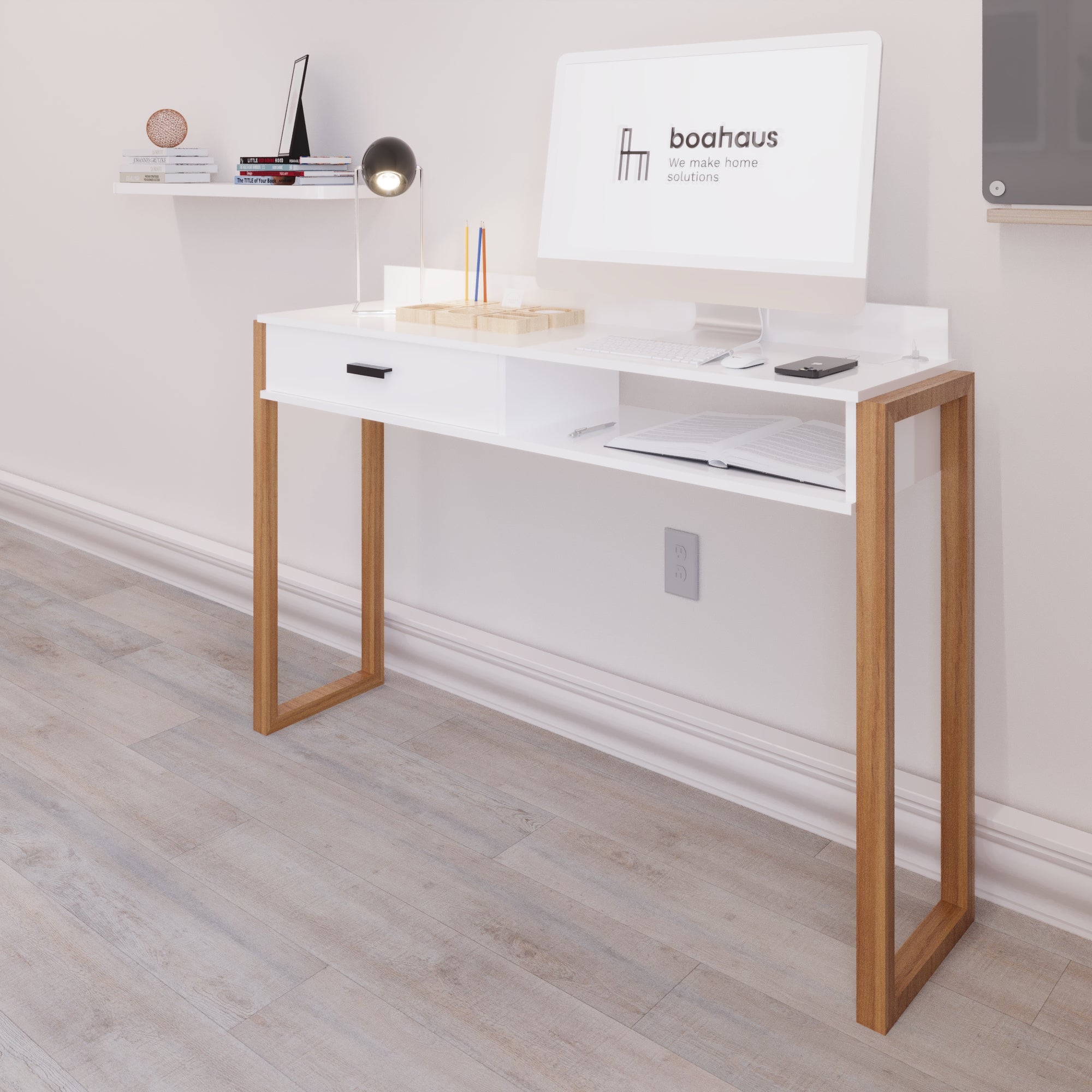 Boahaus Kettlewell Modern Computer Desk | Space-Saving Design with USB Ports