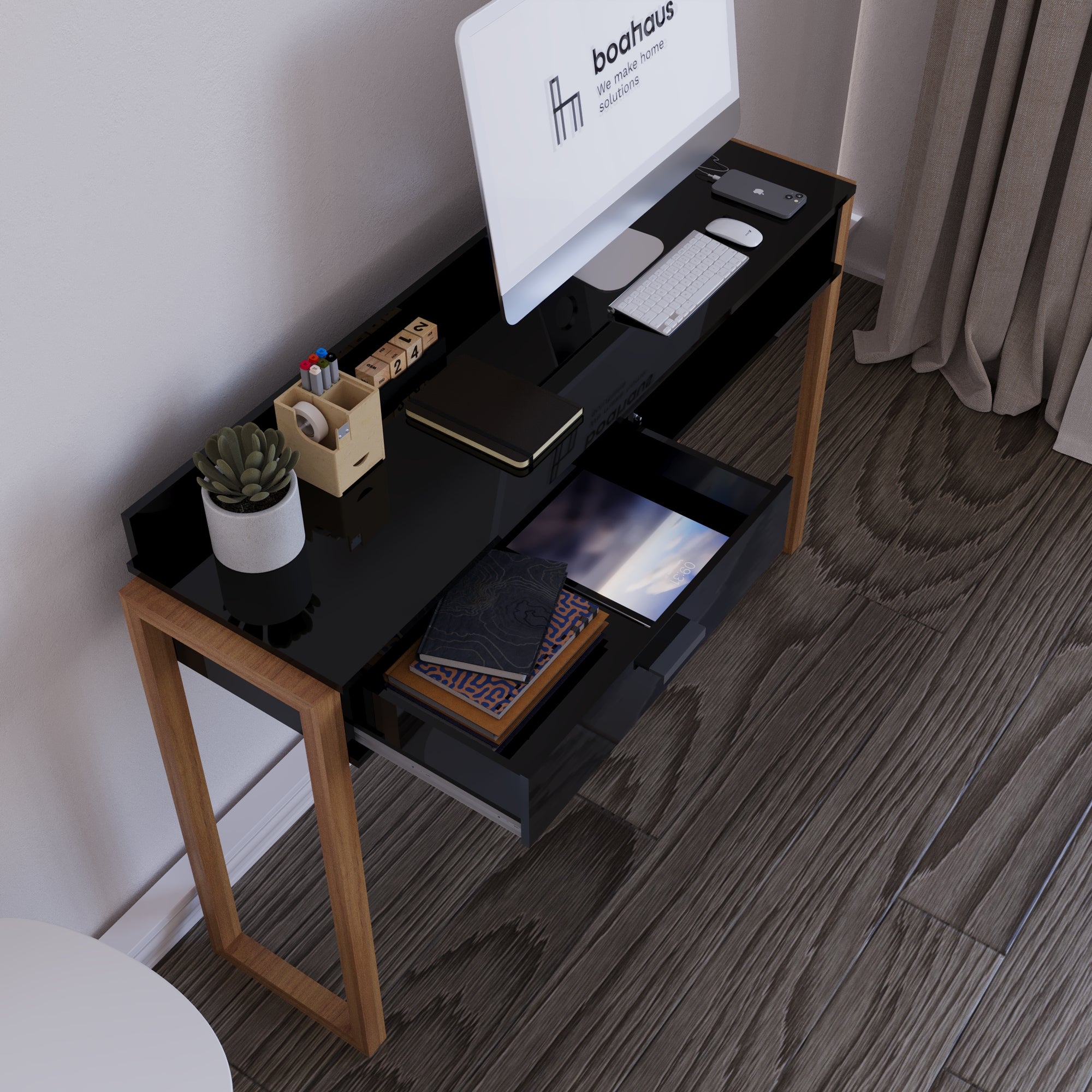 Boahaus Kettlewell Modern Computer Desk | Space-Saving Design with USB Ports