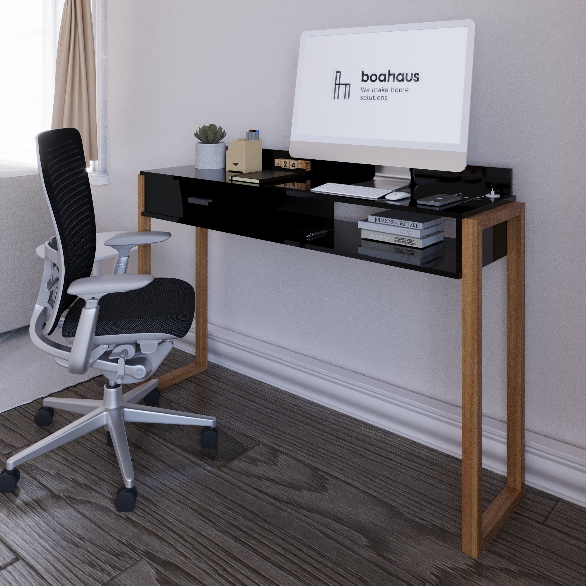 Boahaus Kettlewell Modern Computer Desk | Space-Saving Design with USB Ports