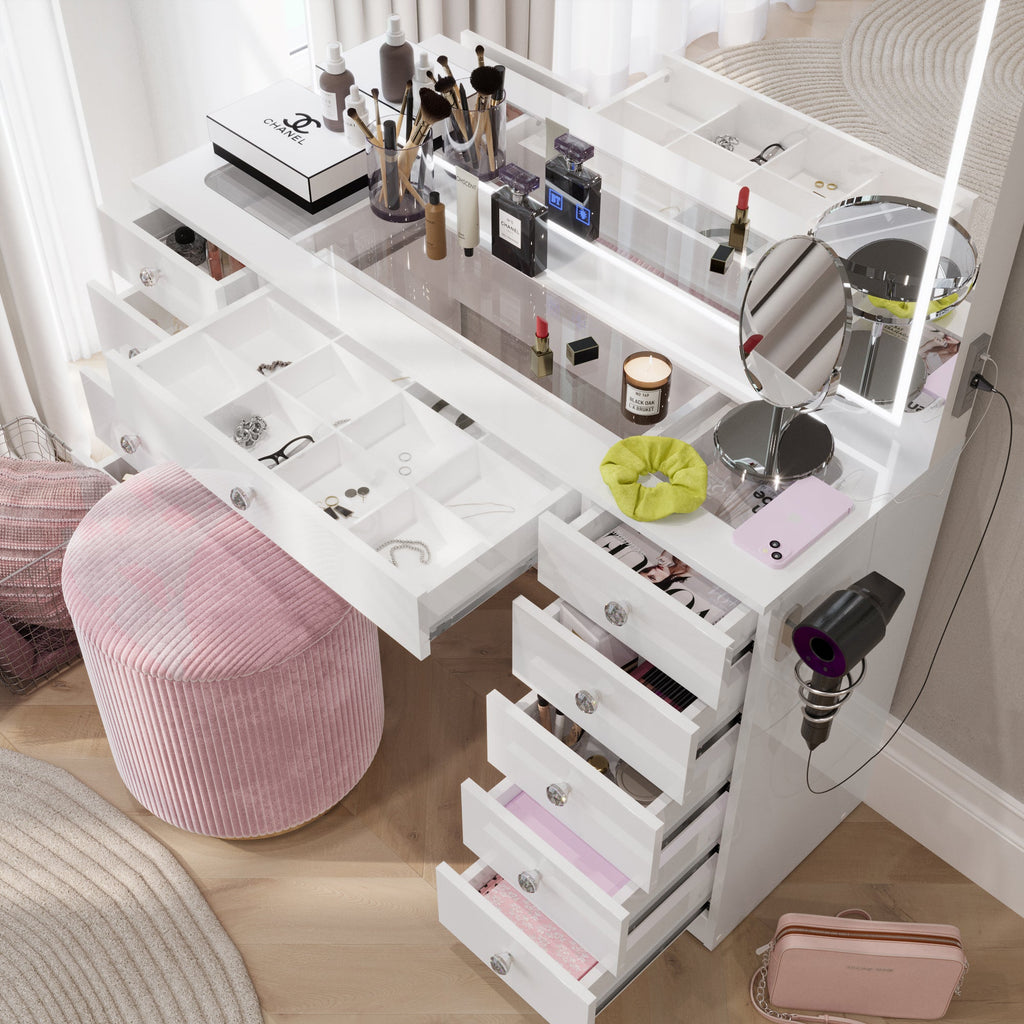 Amelia Premium Makeup Vanity with Full-Width LED Mirror, Bluetooth Speakers, and 11 Storage Drawers | Boahaus Vanity