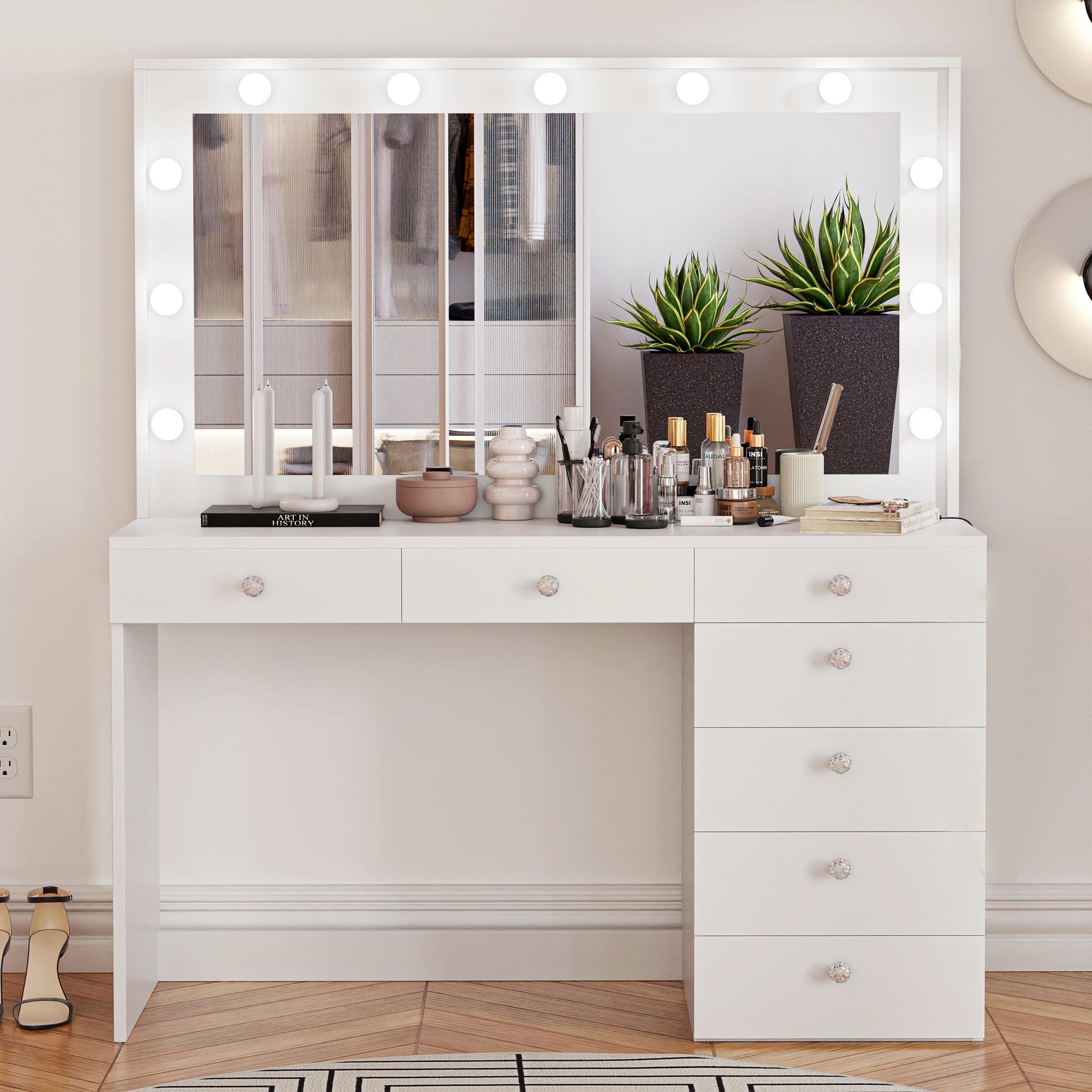 Boahaus Diana Makeup Vanity Desk with Built-in Lights, Storage & USB Ports | Premium Design