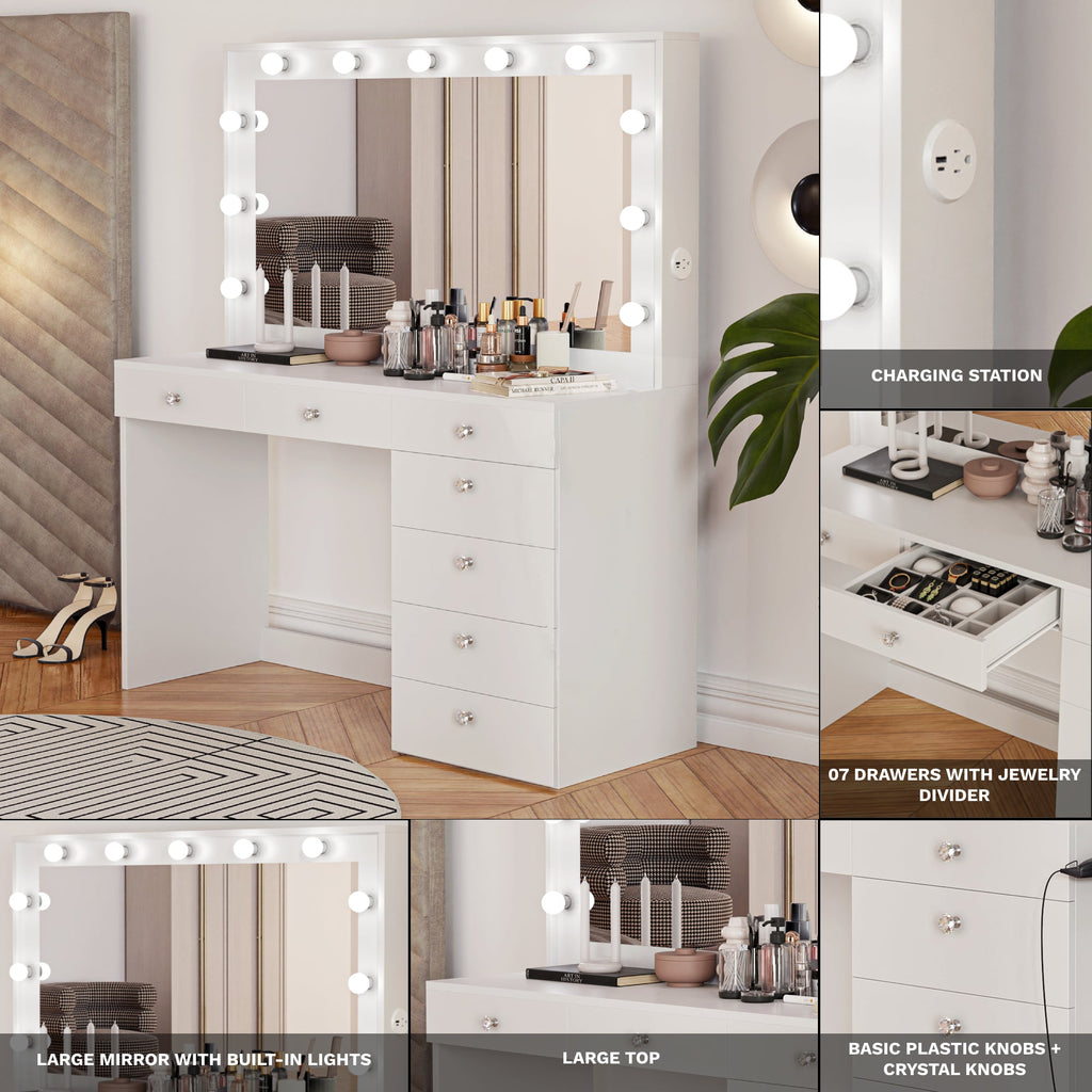 Boahaus Diana Makeup Vanity Desk with Built-in Lights, Storage & USB Ports | Premium Design