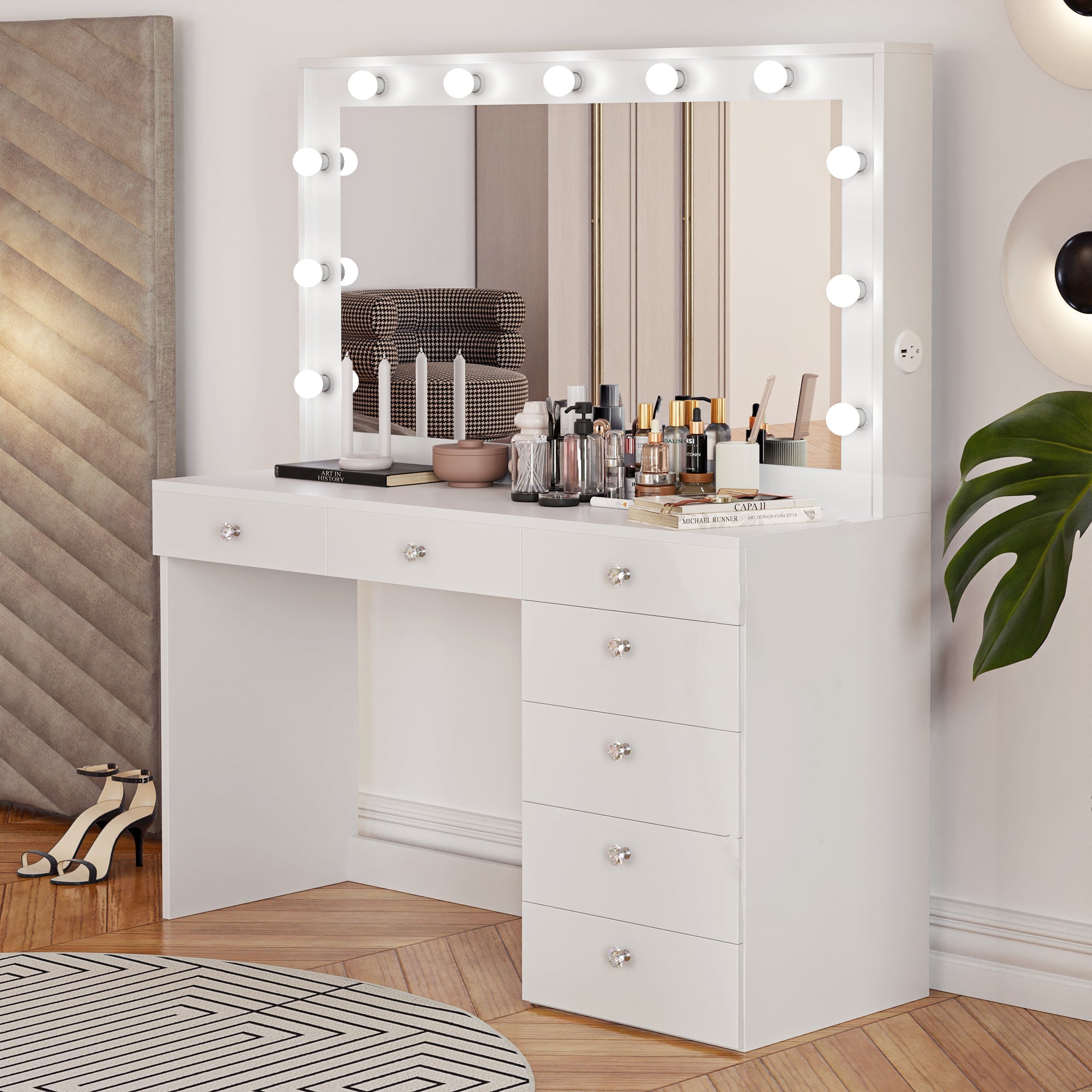 boahaus artemisia dressing table ebern designs Boahaus Artemisia Makeup Desk, Modern Bedroom Vanity Table, Black, Wide Mirror, 07 Drawers