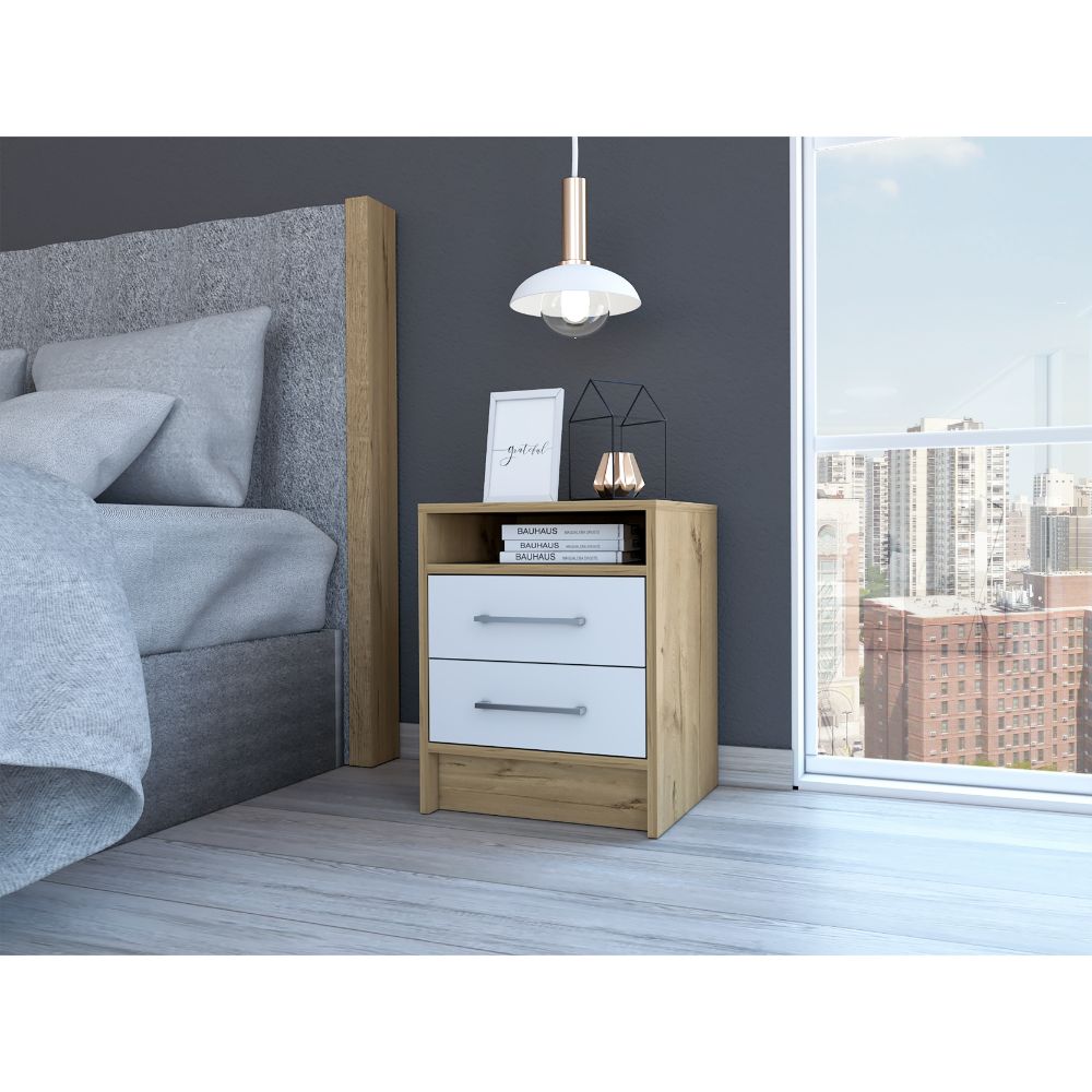 Boahaus Malaga Modern Nightstand with Open Shelf and Two Drawers | Contemporary Elegance